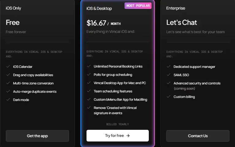 Vimcal pricing — free iOS app, paid plans for desktop